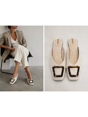 Sam Edelman Ivory Leather Square Toe Tortoise Buckle Mules Size 7.5